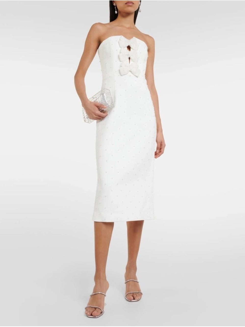 Rebecca Vallance White Strapless Midi Dress with Bow Accents